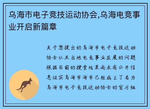乌海市电子竞技运动协会,乌海电竞事业开启新篇章