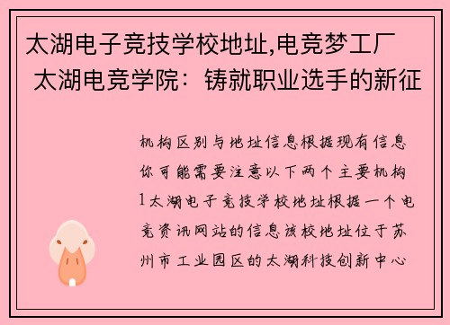 太湖电子竞技学校地址,电竞梦工厂  太湖电竞学院：铸就职业选手的新征途